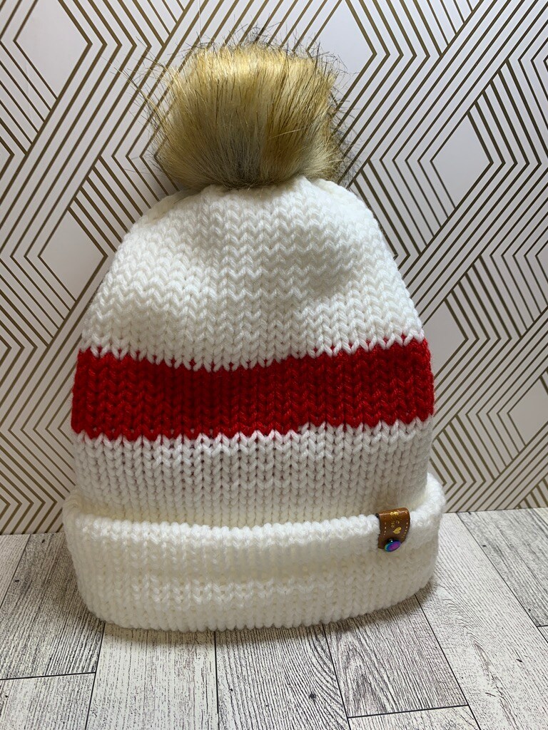 Red and White Beanie Knitted Hat with Pom | MakerPlace by  display picture 1