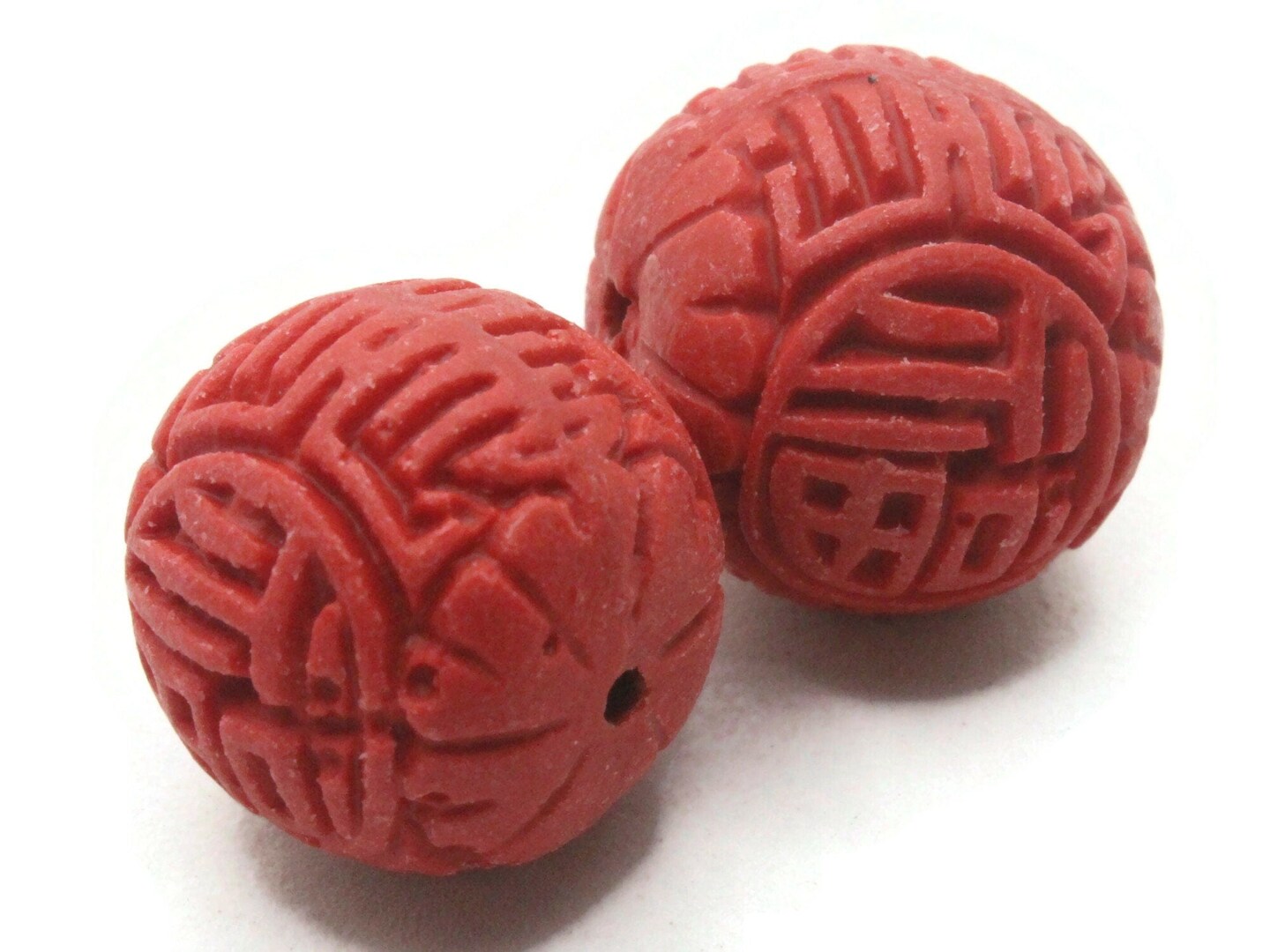 2 18mm Red Carved Cinnabar Round Patterned Ball Beads