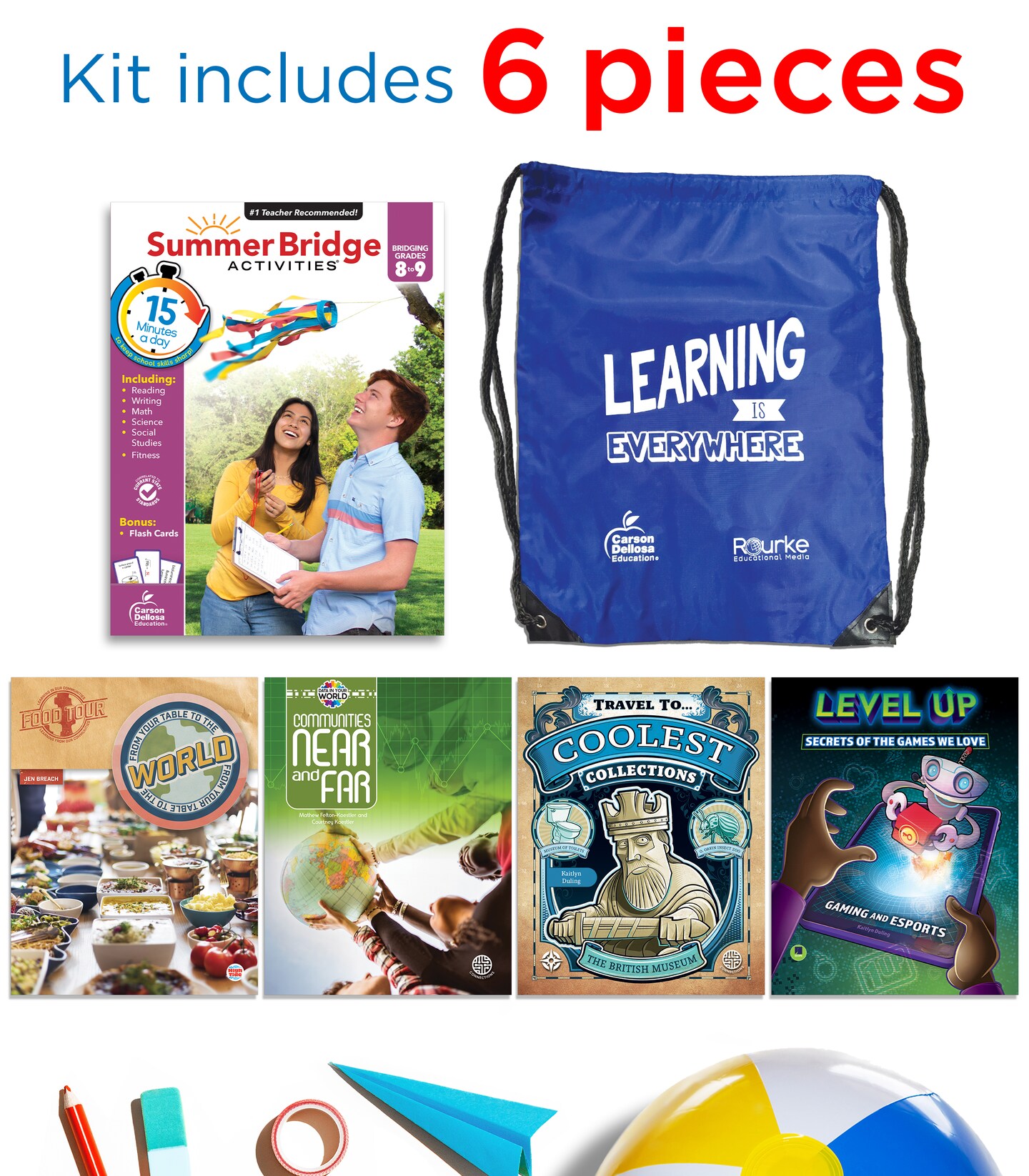 Summer Bridge Activities 8-9 Bundle, Ages 13-14, Math, Reading Comprehension, Writing, Science Summer Learning 9th Grade Workbooks All Subjects With Flash Cards, Children&#x27;s Books, Drawstring Bag