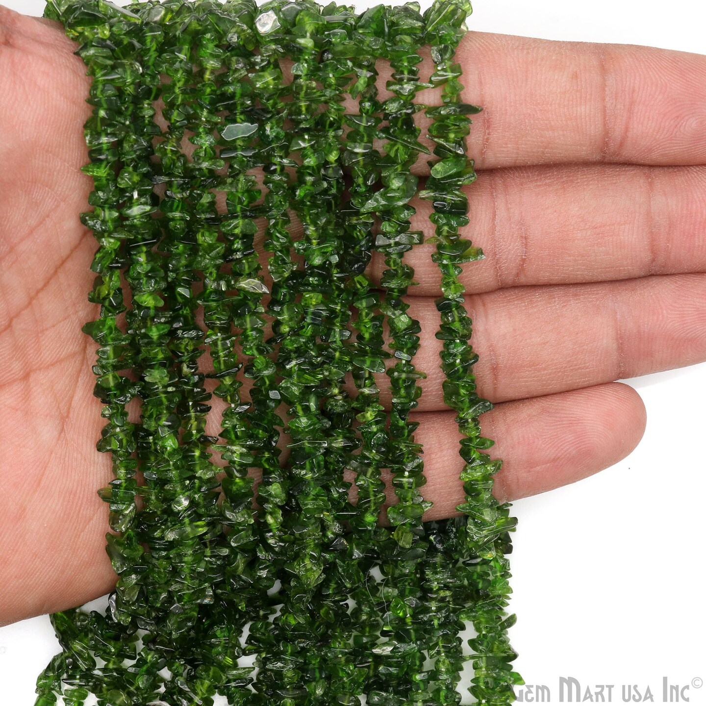 Chrome Diopside Chip Beads, 34 Inch, Natural Chip Strands, Drilled Strung Nugget Beads, 3-7mm, Polished, GemMartUSA (CHCD-70001)