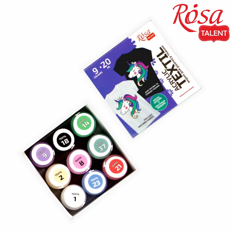 UNICORN Textile Acrylic Paint Set 9 pastel colors (20ml) by Rosa