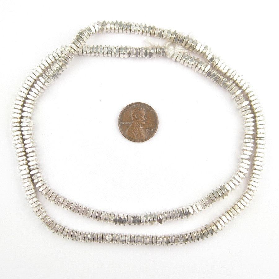 Metal Faceted Square Beads - Full Strand of Ethnic Spacer Sliced Heishi Beads - The Bead Chest (4mm, Silver)