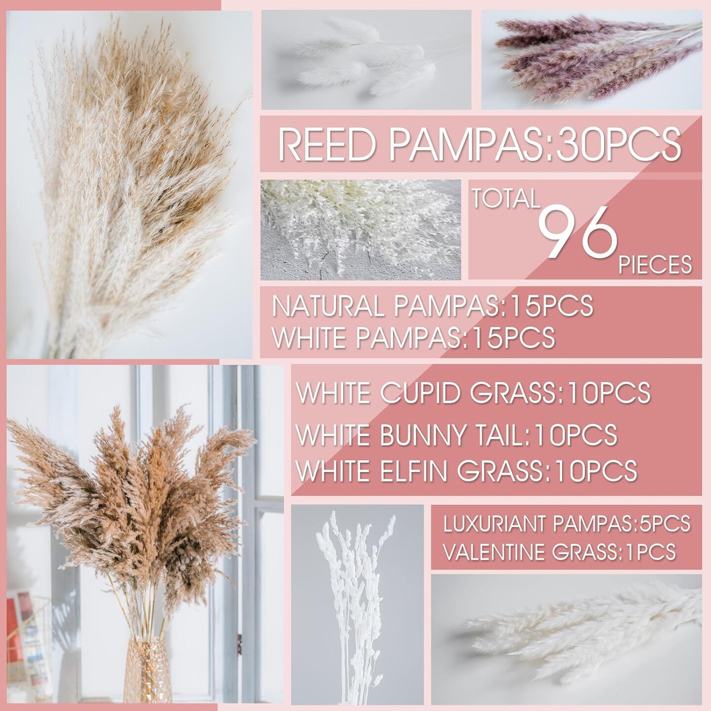 96PCS Natural Dried Pampas Grass Boho Home Decor Bouquet