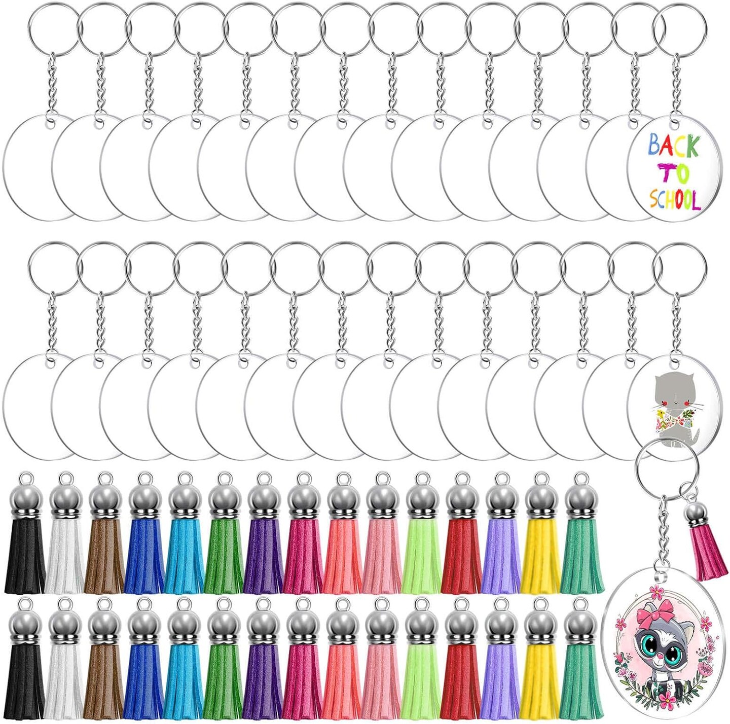 120pcs Acrylic Keychain Blanks for Vinyl Kit Including 30pcs Clear Acrylic Blanks, 30pcs Keychain Tassels, 30pcs Key Rings and 30pcs Jump Rings for DIY Key Chain Vinyl Crafting