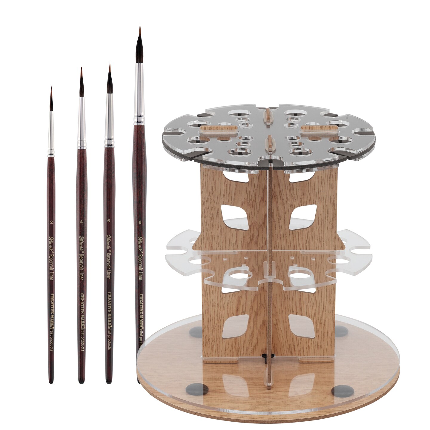 Mezzo Rotating Paint Brush Storage Rack with Mimik Reservoir Synthetic Kolinsky and Squirrel Liner Brushes #2, #4, #6, #8 - Wet Media Reservoir w/ Brush Drying Carousel- Holds Up to 28 Brushes