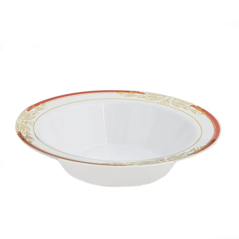 10 pcs White Plastic 12 oz Bowls Gold Red Trim