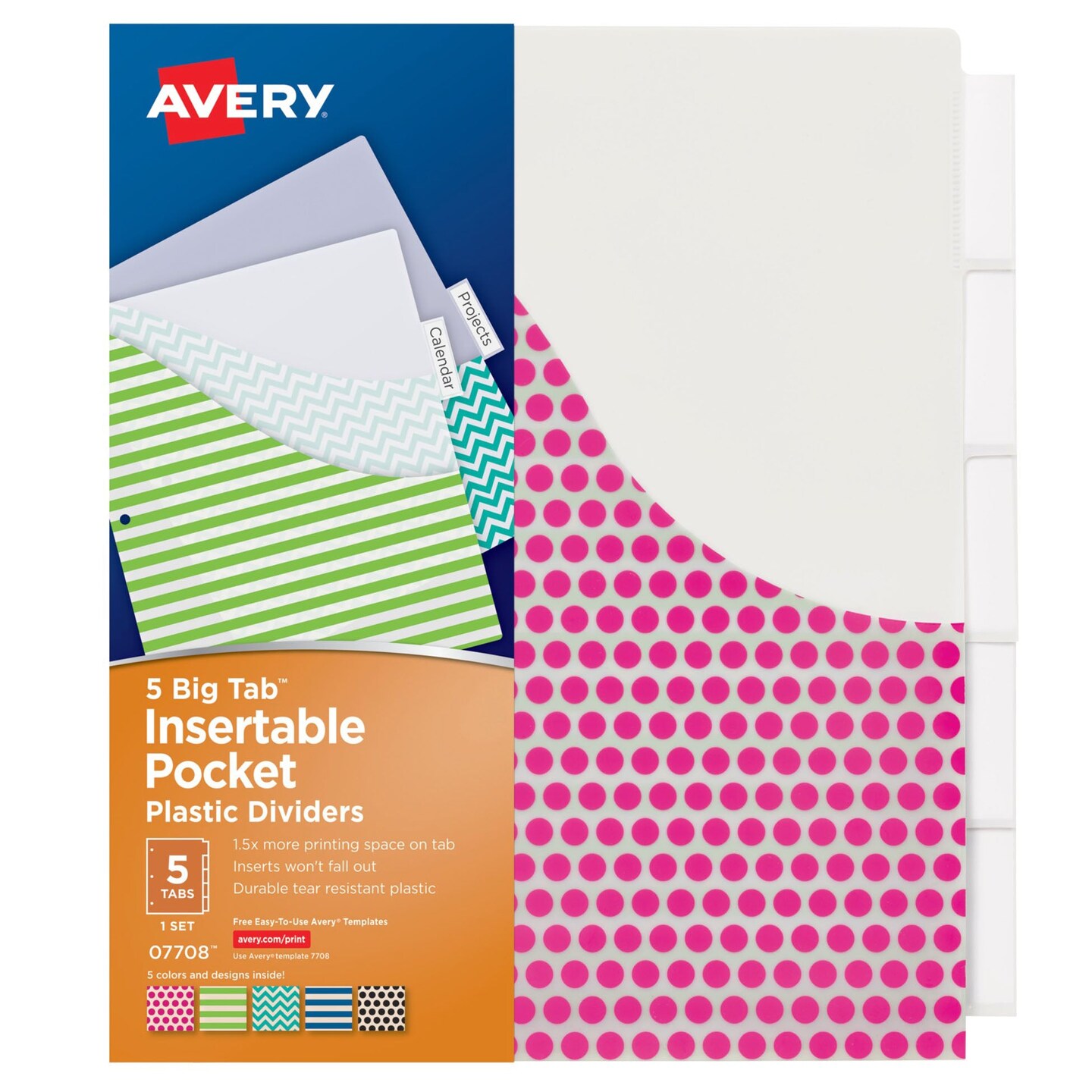 Big Tab&#x2122; Insertable Plastic Dividers with Pockets, 5-Tab Set, Assorted Designs, 6 Sets