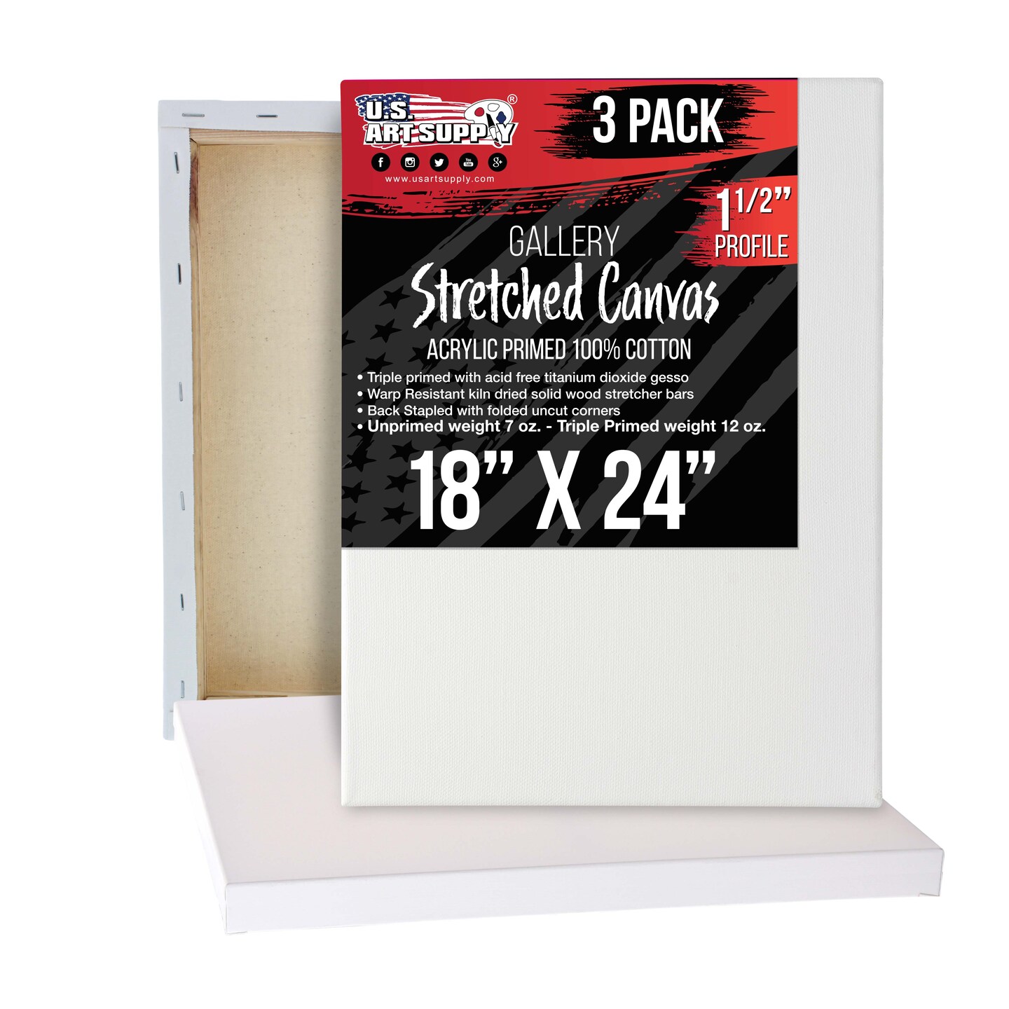18 x 24 inch Gallery Depth 1-1/2&#x22; Profile Stretched Canvas, 3-Pack - 12-Ounce Acrylic Gesso Triple Primed, - Professional Artist Quality, 100% Cotton