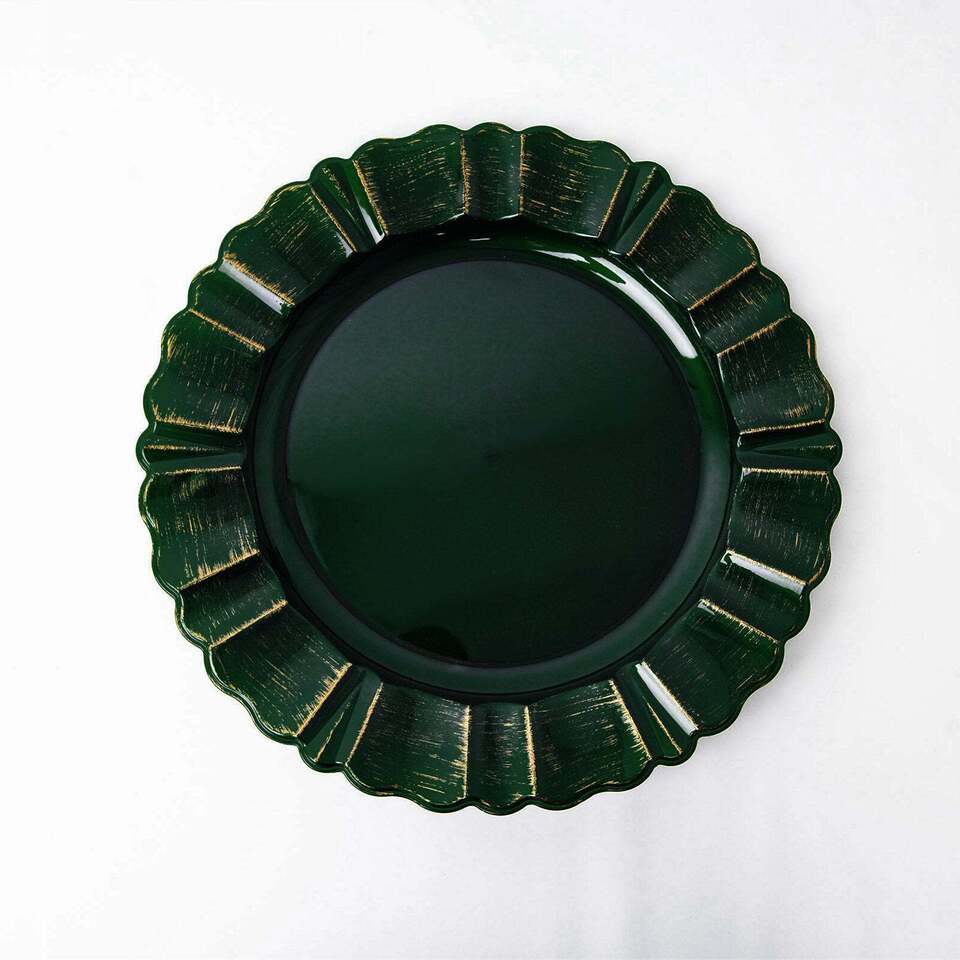 6 HUNTER GREEN GOLD 13&#x22; Round Scalloped Trim Charger Plates