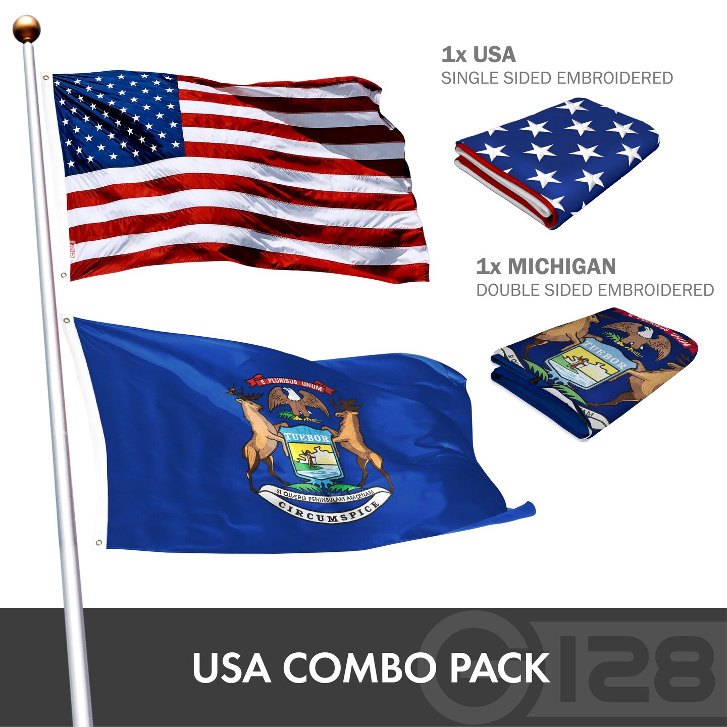 G128 Combo Pack: USA American Flag 3x5 Ft Embroidered Stars &#x26; Michigan State Flag 3x5 Ft Embroidered Double Sided 2ply