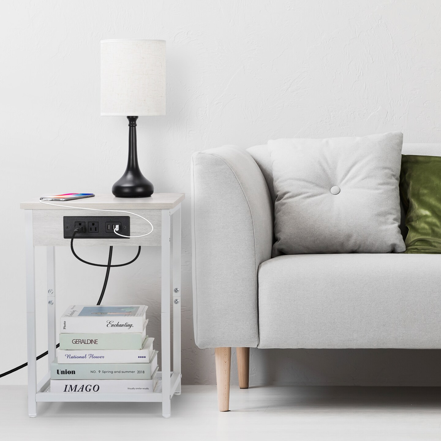 End Table with USB Ports and AC Outlets White 2PCS
