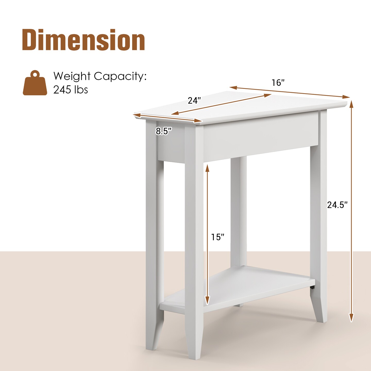 2-tier Wedge Narrow End Table With Storage Shelf And Solid Wood Legs