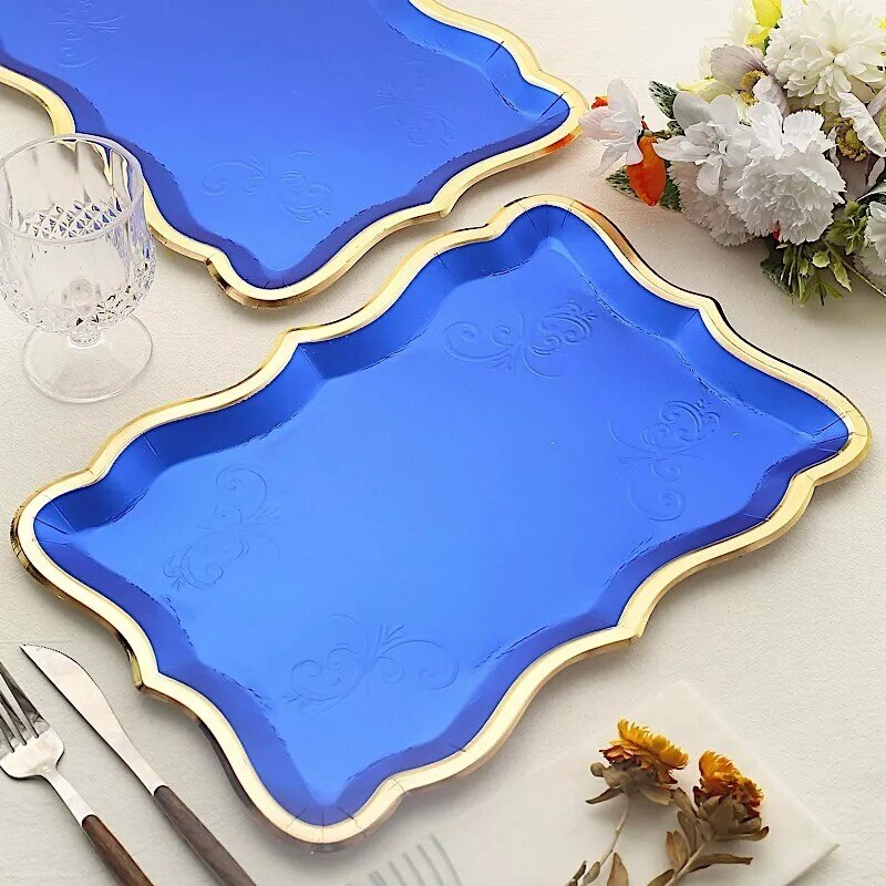 ROYAI BLUE 10 Rectangle 14&#x22; Paper SERVING TRAYS Scroll Design