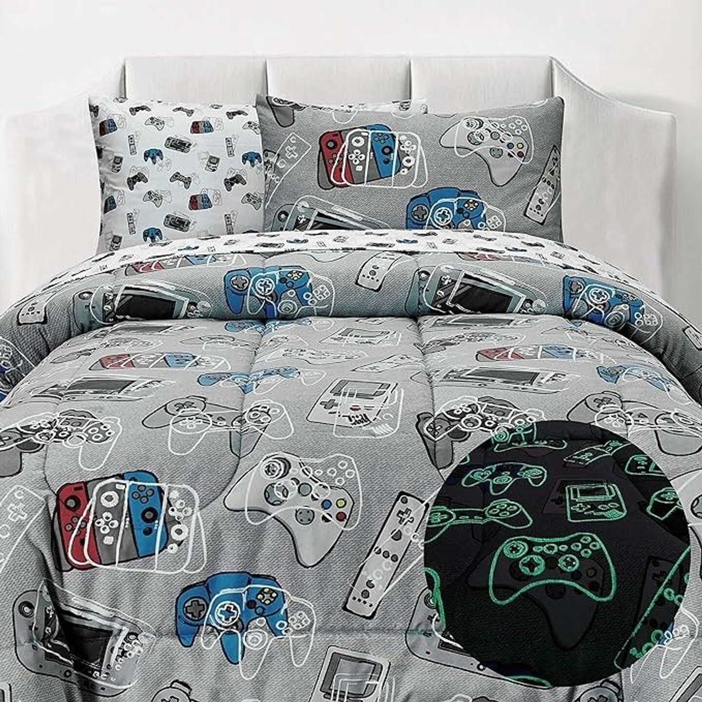 KIDS RULE 7-Piece Gamer Glow in The Dark Comforter Set, with 1 Twin Bed Size Comforter, a Fitted, and Flat Sheets, and 2 Pillowcases, Game Controllers Print, Blue, Grey, Gifts for Kids - Twin