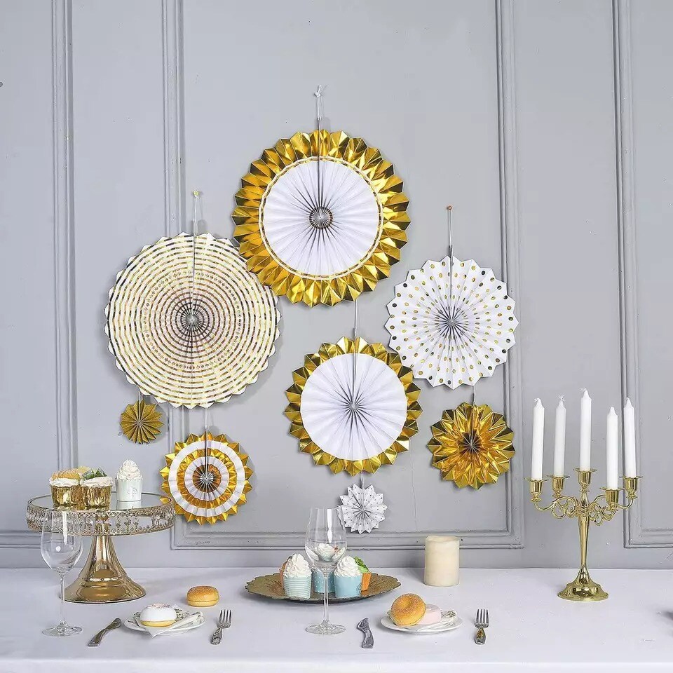 8 WHITE and GOLD Assorted Paper Fans Wall Backdrop