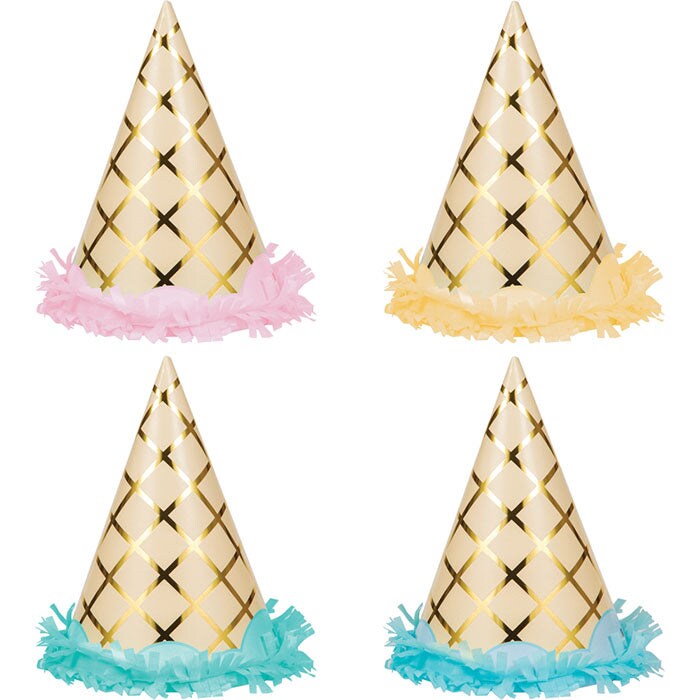 Ice Cream Party Hat, Child&#x27;s, Foil Fringe 8ct