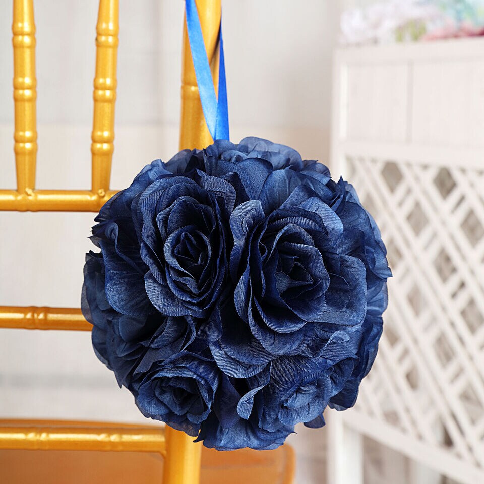 2 NAVY BLUE 7&#x22; Silk Roses Flowers Kissing Balls
