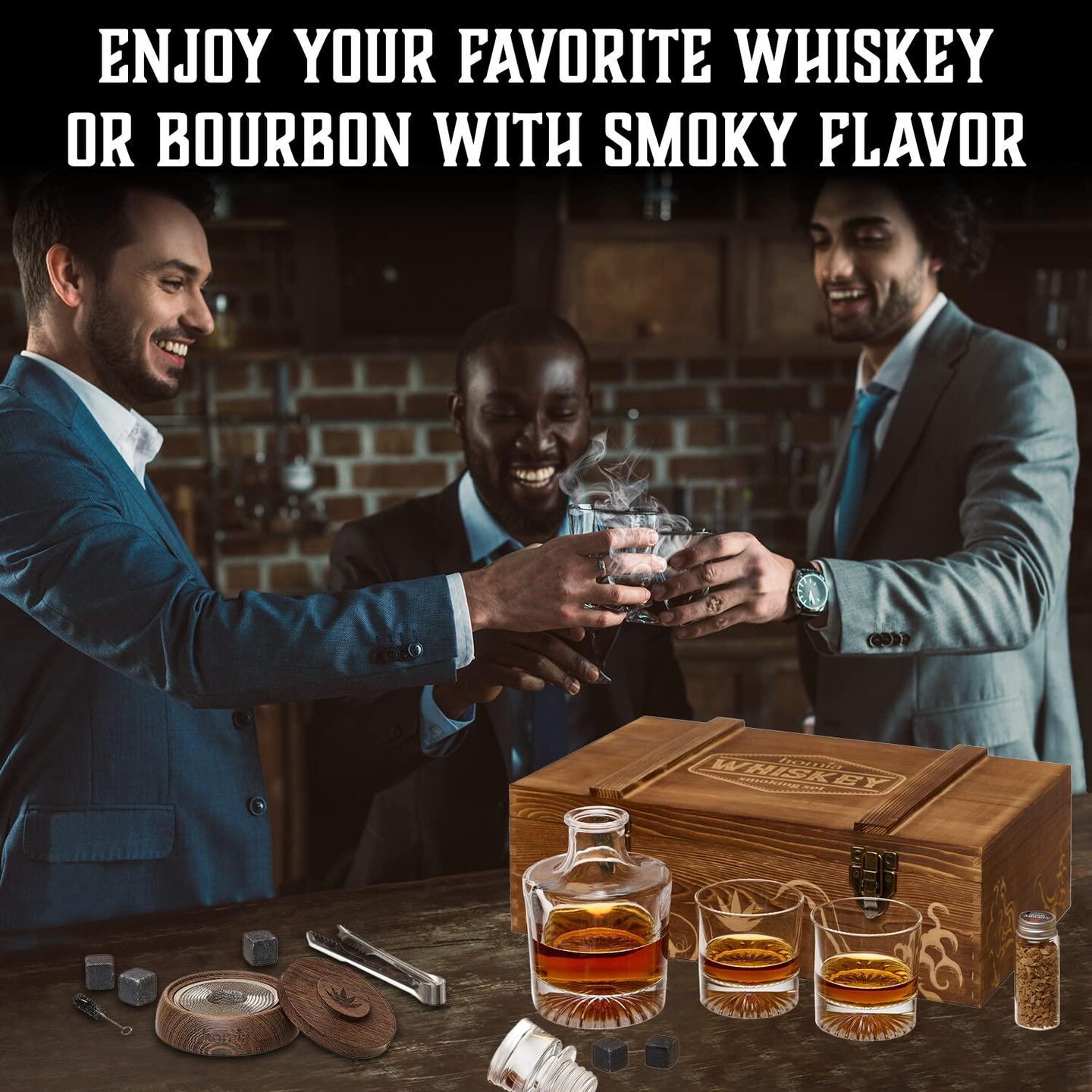 homia Whiskey Gift Set 14 pcs  Whiskey Bottle and Old Fashioned Glasses  2 pcs Cocktail Smoker in Wodden Box with Wood Chips Whickey Stones 6 pcs included  Gift for Men (Torch Not included)