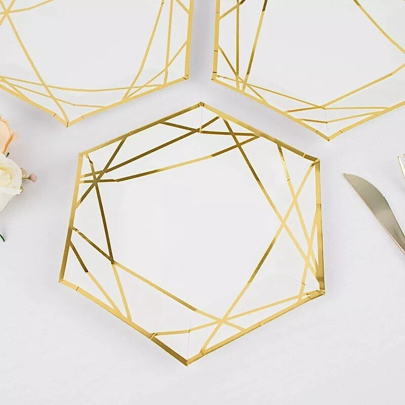 25 White 9&#x22; Hexagon Paper Salad Dinner Plates Gold Trim Tableware