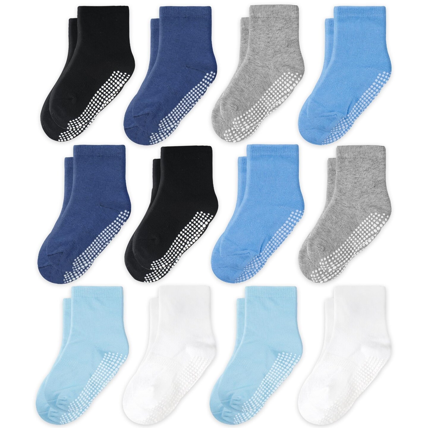 CozyWay Non-Slip Crew Grip Toddler Socks, 12 Pack for Boys, Black/White/Gray/Blue/Light Blue, 1-3 Years Old