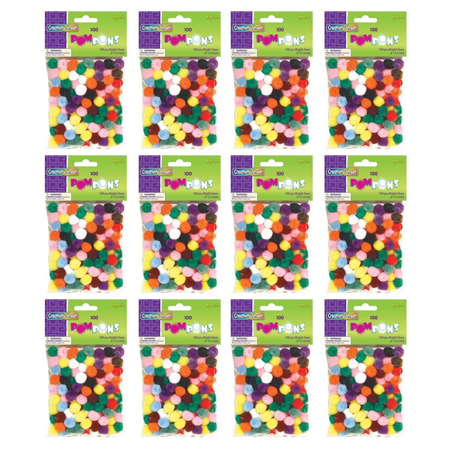 Pom Pons, Bright Hues Assortment, 0.5", 100 Pieces Per Pack, 12 Packs