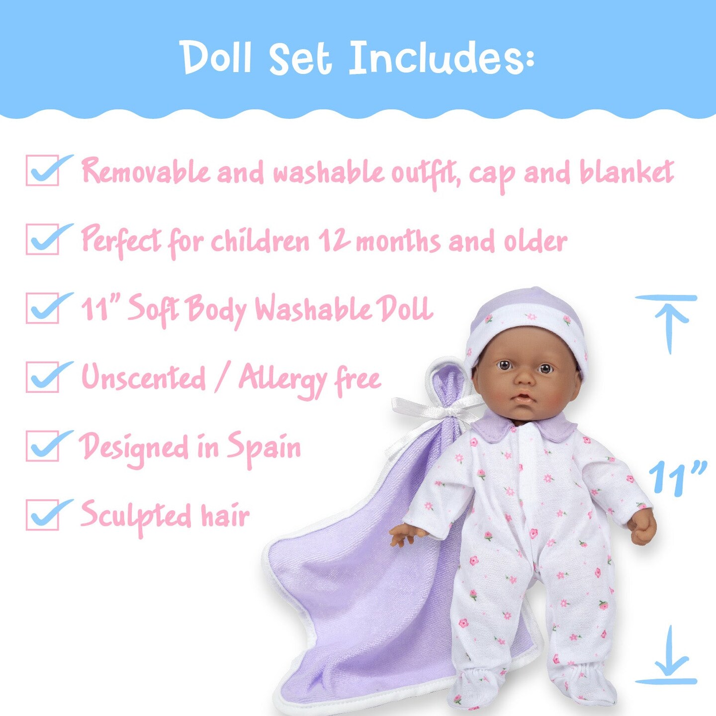 La Baby Soft 11&#x22; Baby Doll, Blue with Blanket, Hispanic