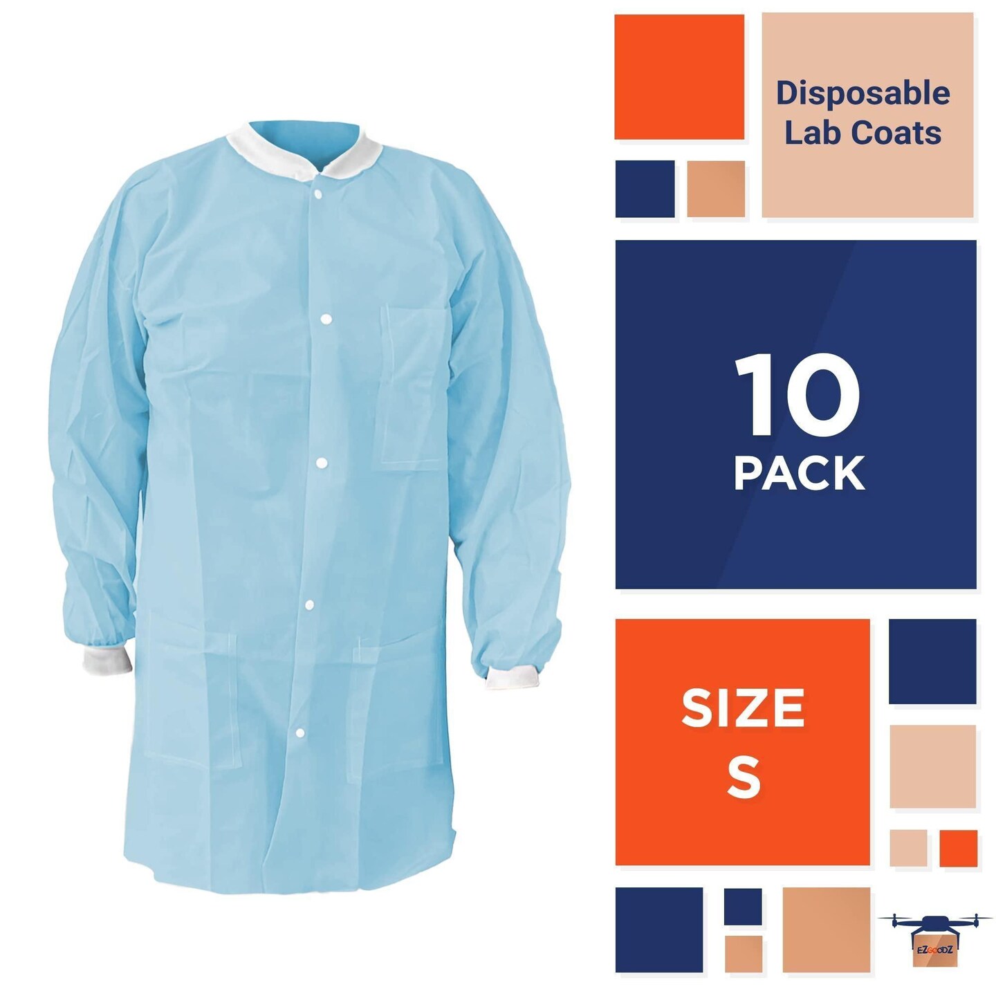 Disposable Lab Coat Small Pack of 10 Sky Blue Disposable Lab Coats for Adults SPP 45 GSM Painting Lab Coat Disposable Unisex Plastic Lab Coats with Snaps Knit Cuffs Collar 3 Pockets