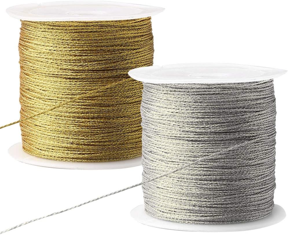 218 Yards/656 Feet Metallic Cord 2 Pcs Spool Metallic Thread Colored Jewelry Thread Colored Craft Gold String Tinsel String Craft Making Cord for Gift Wrapping(0.5mm)