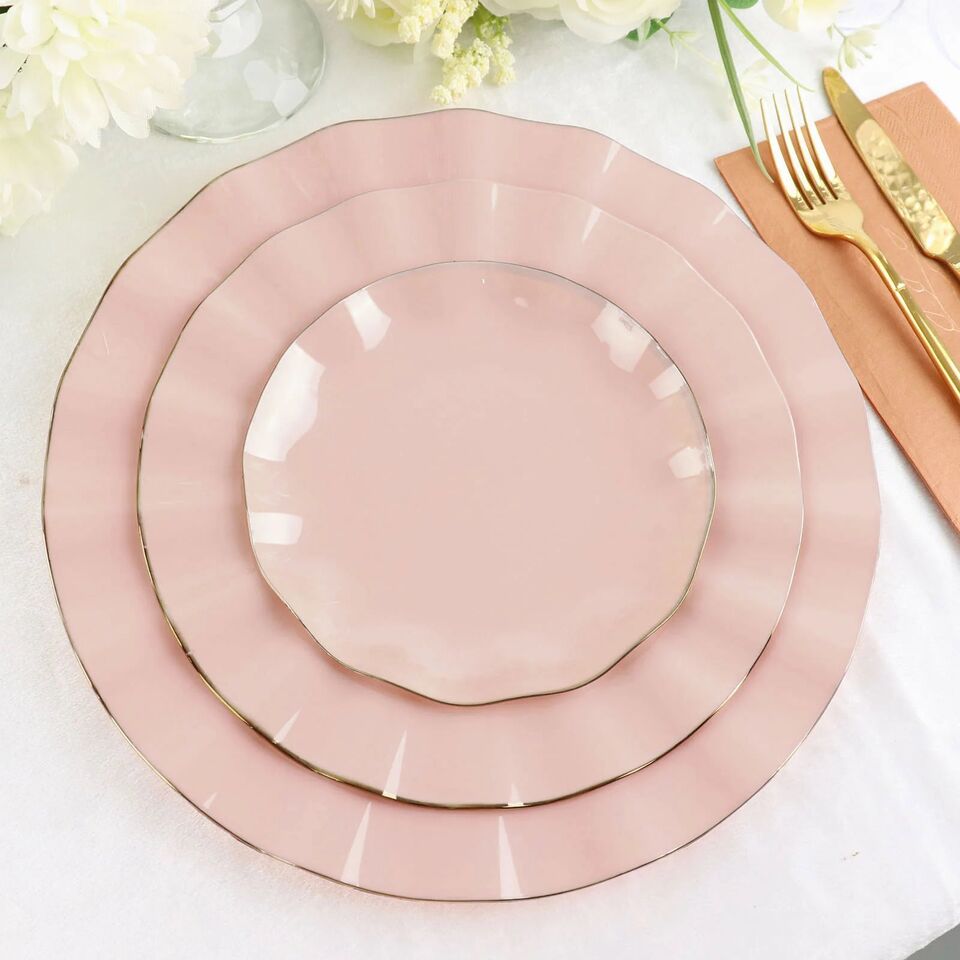 10 BLUSH 11&#x22; Round PLASTIC Salad Dinner PLATES Gold Wavy Rim