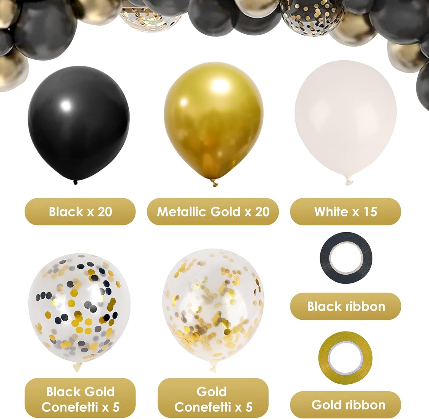 65pcs 12 Inches Black Gold Confetti Balloons Kit, Metallic Gold and Black White Party Balloons with Ribbons for Birthday, Wedding, Baby Shower, Graduation Decorations