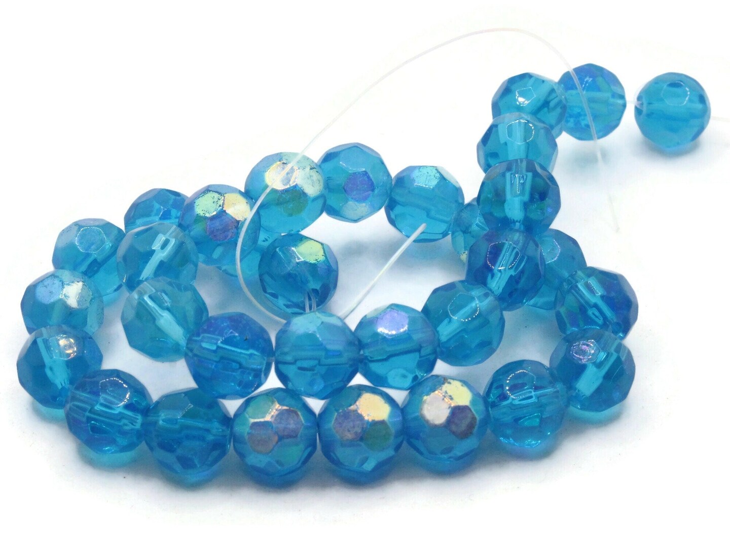 32 10mm Sky Blue Faceted Round Glass Beads with AB Finish