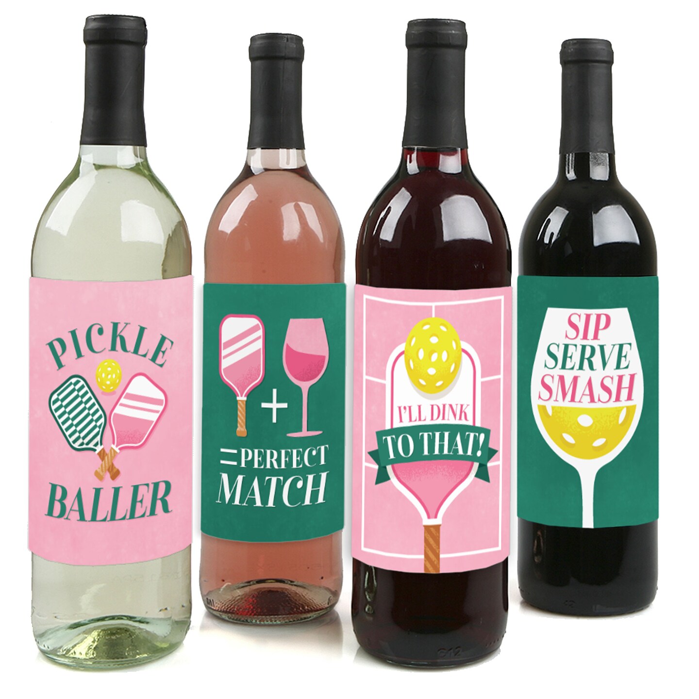 Big Dot of Happiness Pink Pickleball - Country Club Party Decorations for Women and Men - Wine Bottle Label Stickers - Set of 4