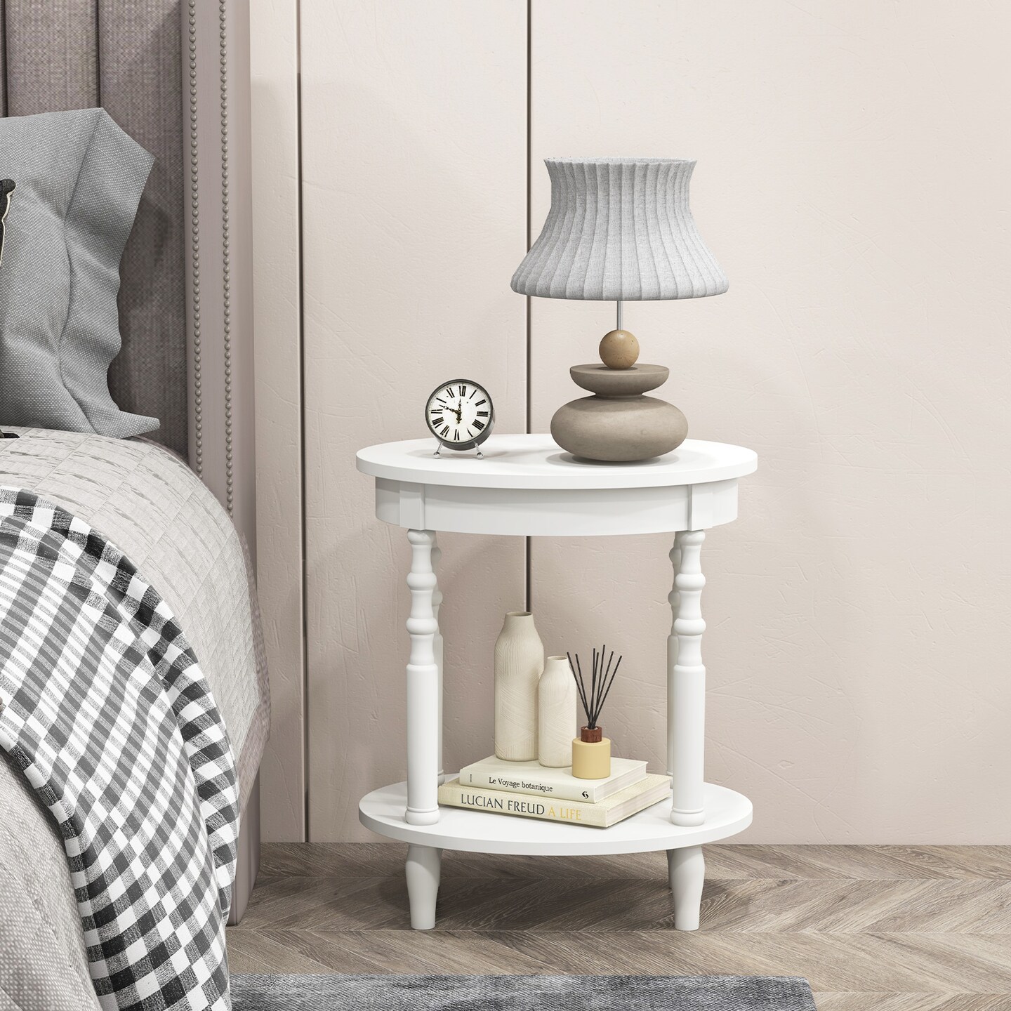 2-tier Oval Side Table With Storage Shelf And Solid Wood Legs
