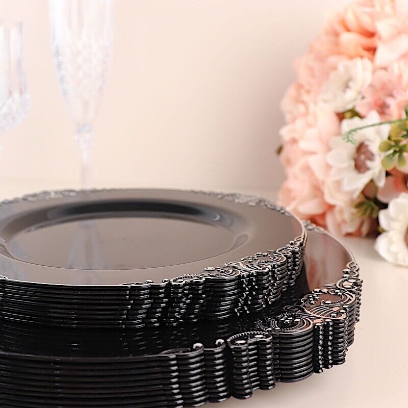 10 BLACK SILVER 10&#x22; Round Plastic Salad Dinner PLATES