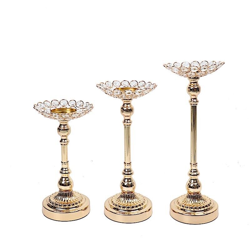 3 GOLD Metal Crystal Beads Votive CANDLE HOLDERS Centerpieces