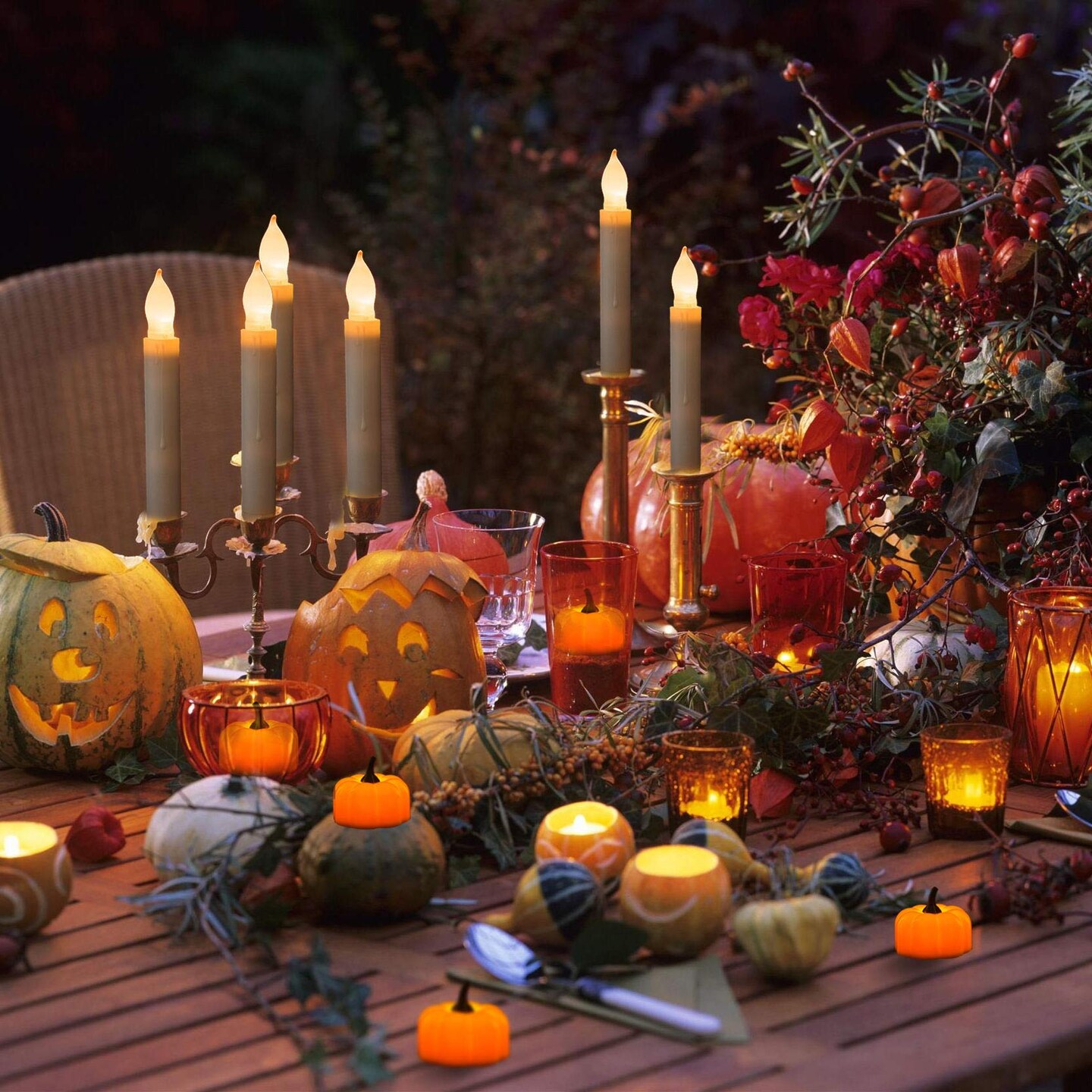 12 Pack LED Pumpkin Halloween  Lights, Jack-O&#x27;-Lantern, Small Orange Flickering Tea Lights, for Halloween, Fall Festival Decorations