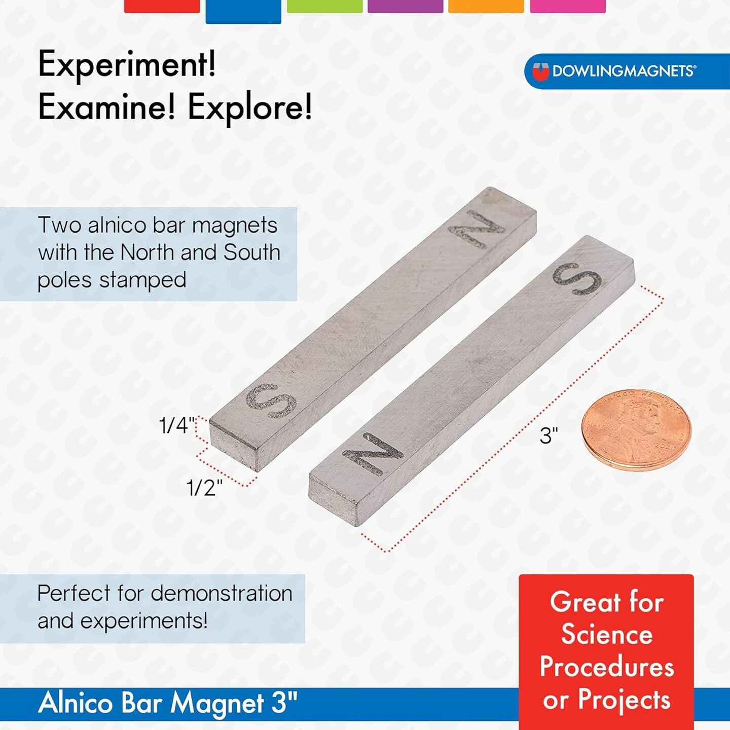 Alnico Bar Magnets, 3&#x22;, N/S Stamped, Pack of 2