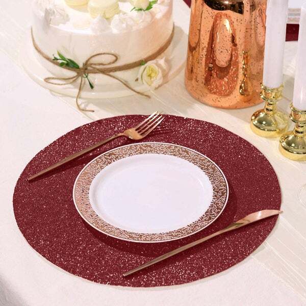 6 BURGUNDY 13&#x22; Round Glittered Faux Leather PLACEMATS
