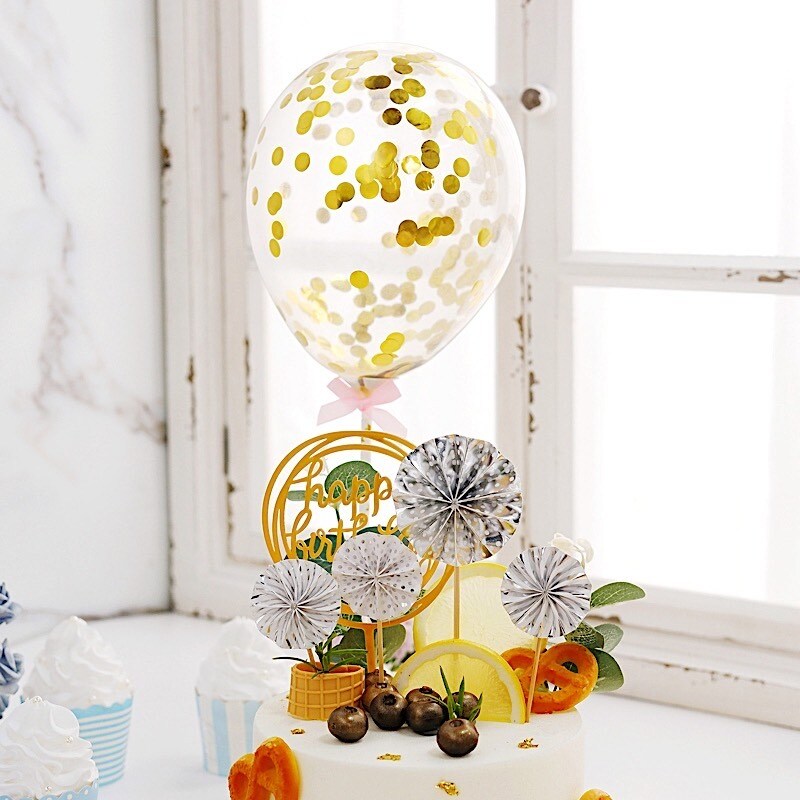 Happy Birthday Cake Topper Set with Paper Fans and Confetti Balloon Decorations