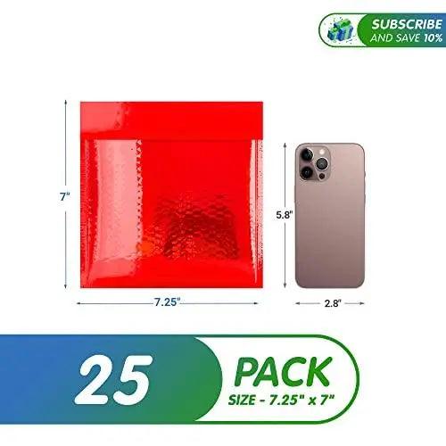 Red Metallic Bubble Mailers 7.25 x 7 Pack of 25 Opaque Mail Bubble Envelopes with Sturdy Adhesive Line Reliable Padded Shipping Envelopes Waterproof Padded Envelopes Various Sizes