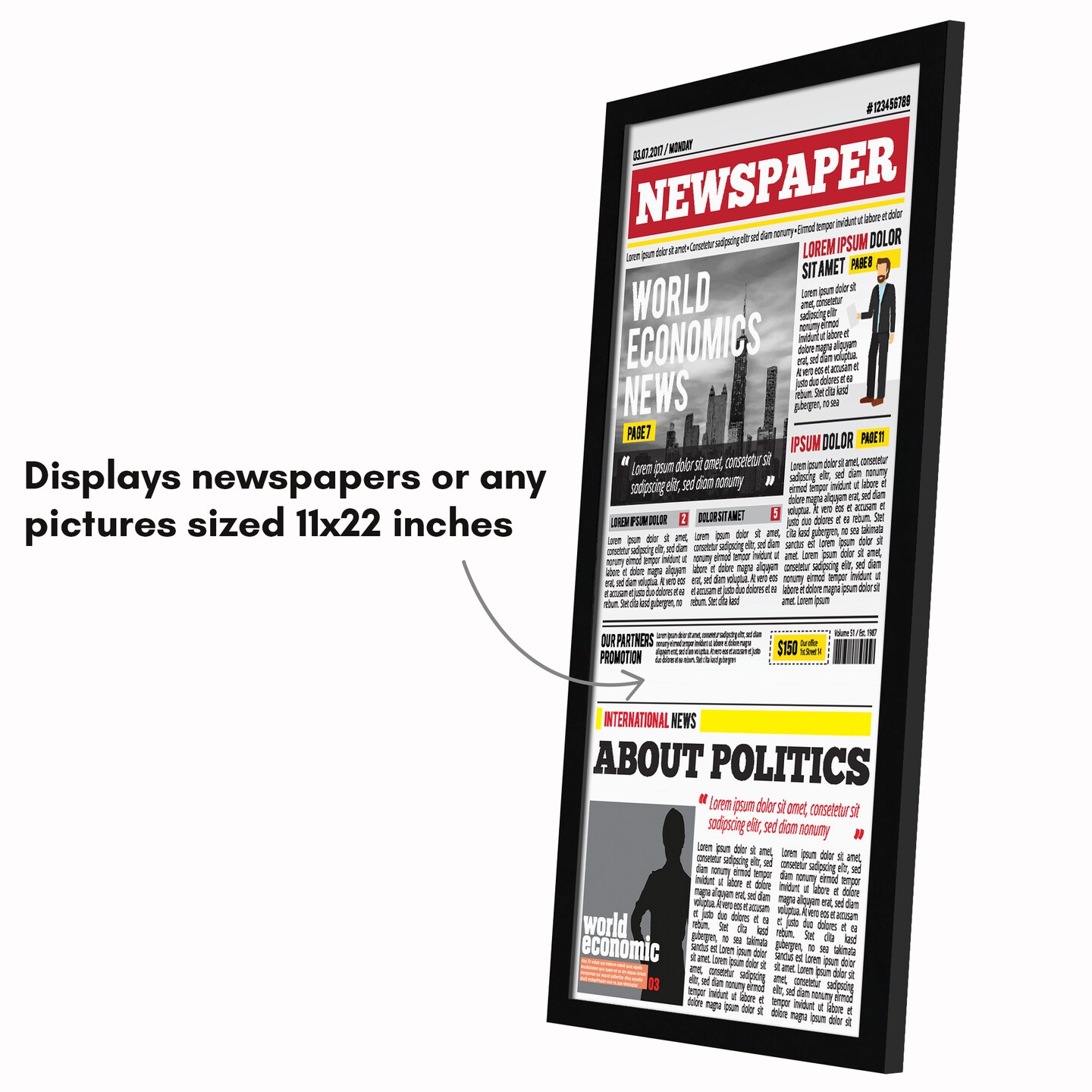 Americanflat 11x22 Newspaper Frame - Display Frame for Showcasing Newspaper Front Page - Polished Plexiglass Cover - Hanging Hardware for Horizontal or Vertical Display