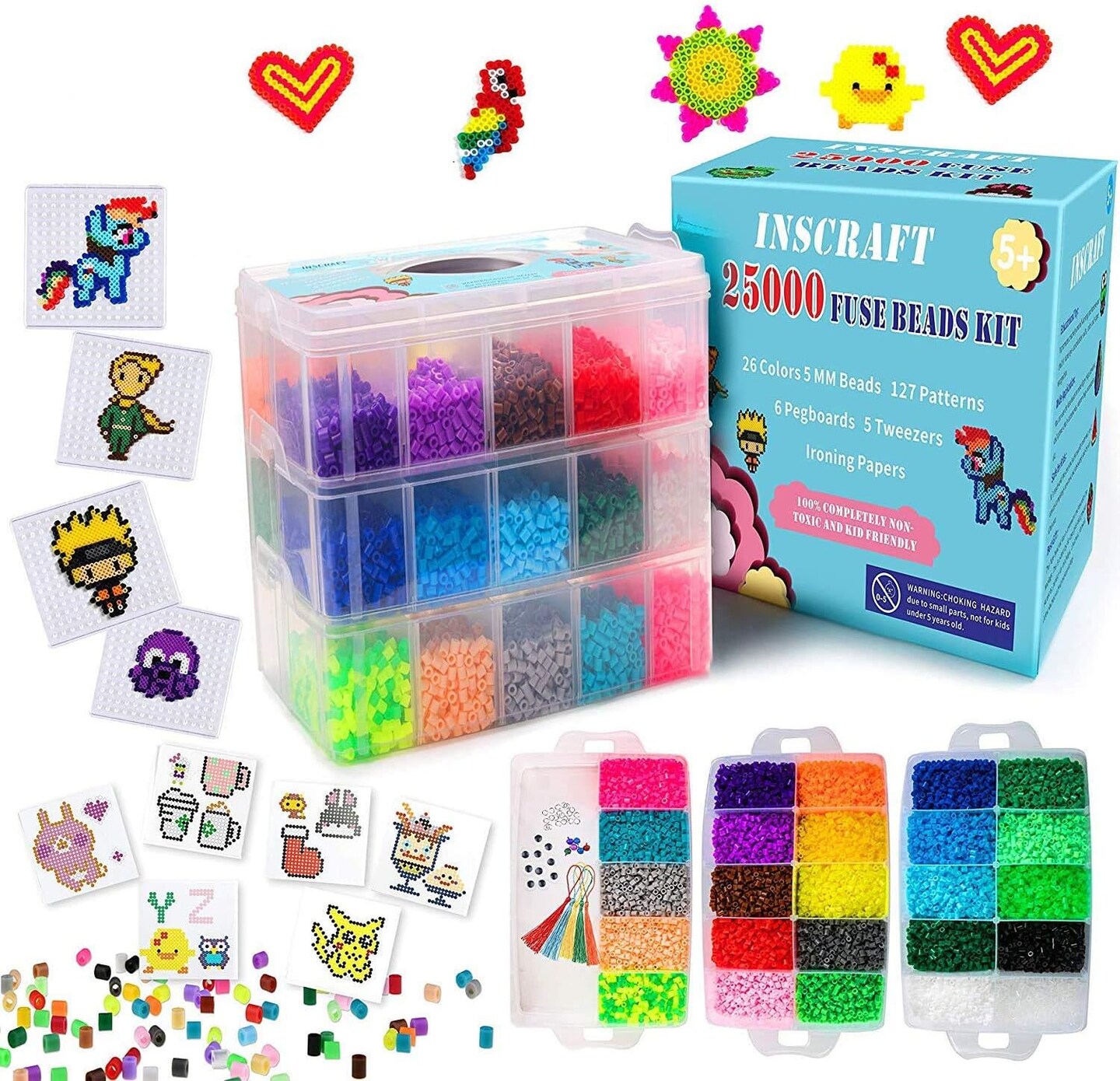 25,000 pcs Fuse Beads Kit 26 Colors 5MM, Including 127 Patterns, 4 Big Square, 1 Heart Pegboards, 1 Flower Ironing Paper, Tweezers, Beads
