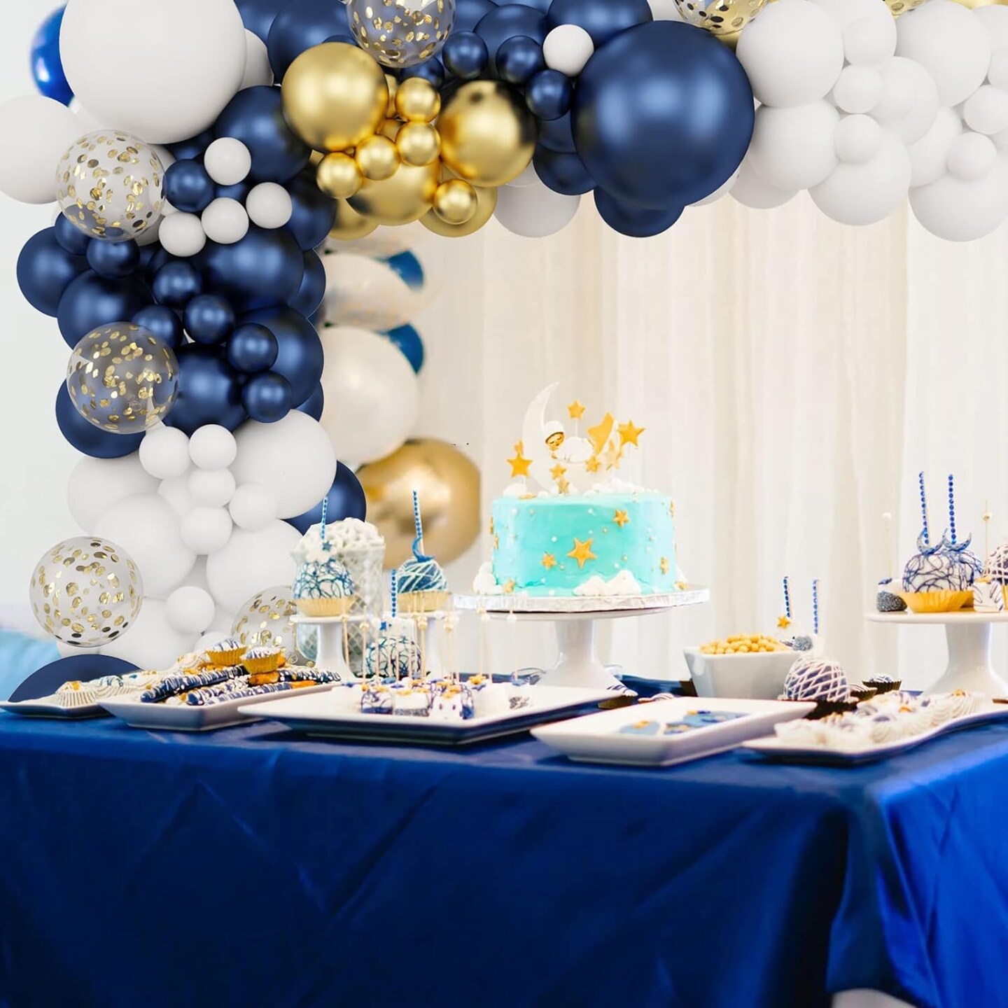 174pcs Navy Blue Gold Balloons Garland Arch Kit, Metallic Gold Latex White Confetti Mixed Sizes Balloons Foil Balloons for Baby Shower Birthday Party Wedding Graduation Decoration