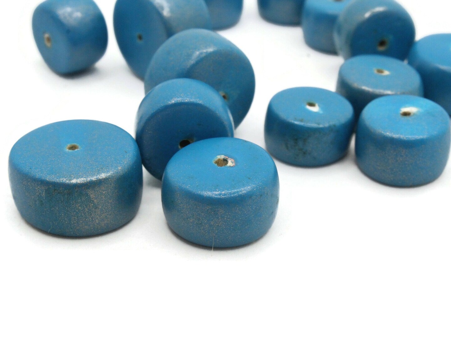 15 Vintage Mixed Size Blue Wood Rondelle Disc Beads