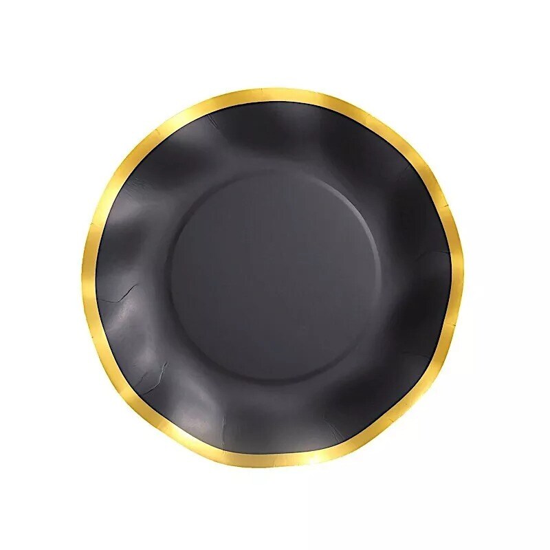 25 Round 8&#x22; BLACK Paper Salad Plates Gold Wavy Rim