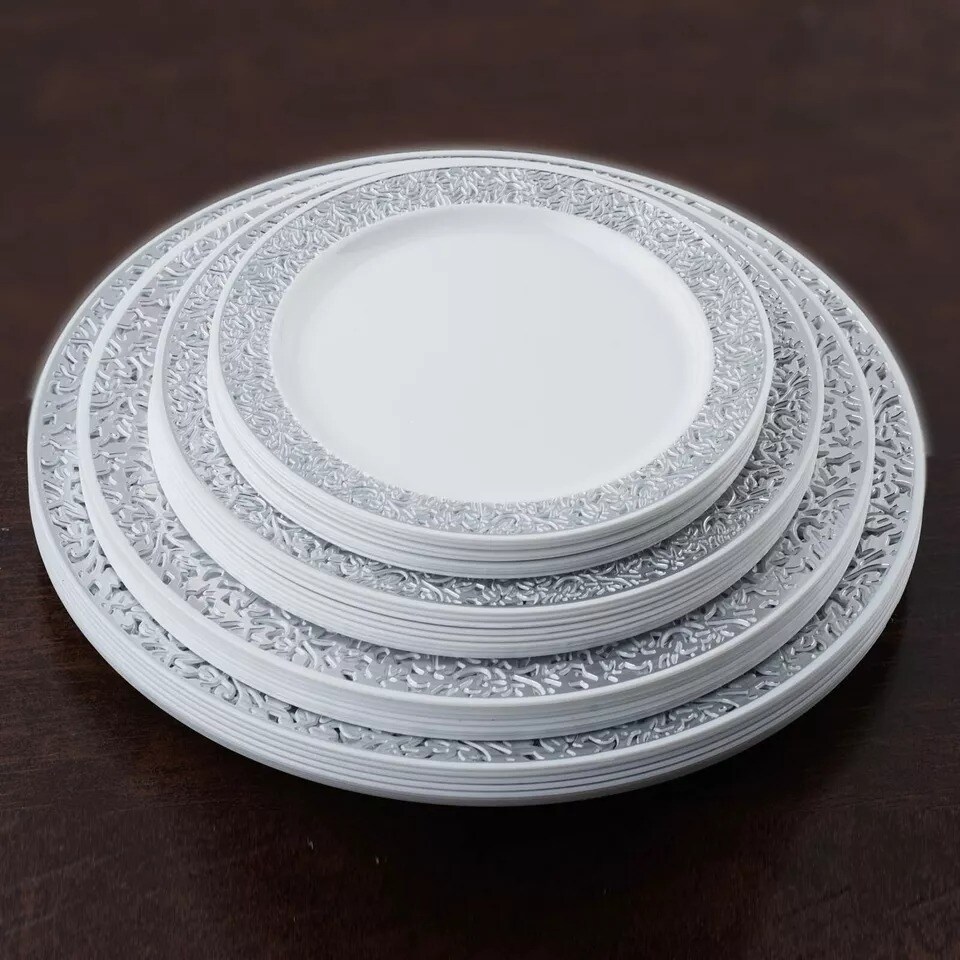 10 pcs Plastic WHITE with Silver Rim 6" PLATES Disposable