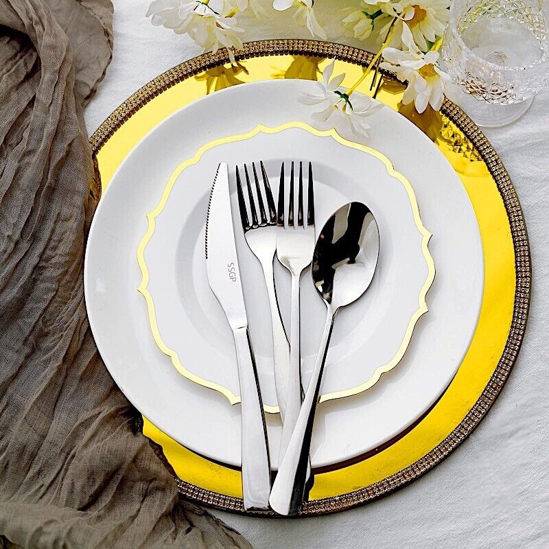 30 WHITE 8&#x22; Round Plastic Dinner Plates GOLD Scalloped Rim