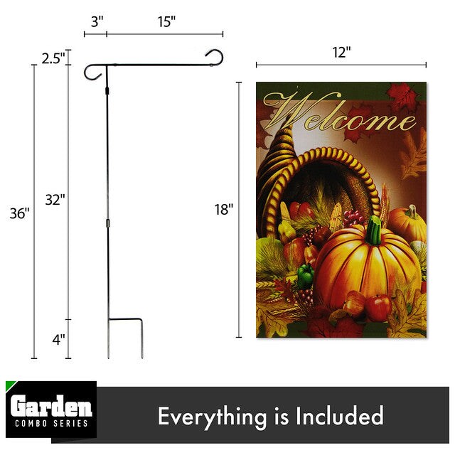 G128 Combo Pack: Garden Flag Stand Black 36x16 Inch &#x26; Garden Flag Welcome Cornucopia with Pumpkin 12x18 Inch
