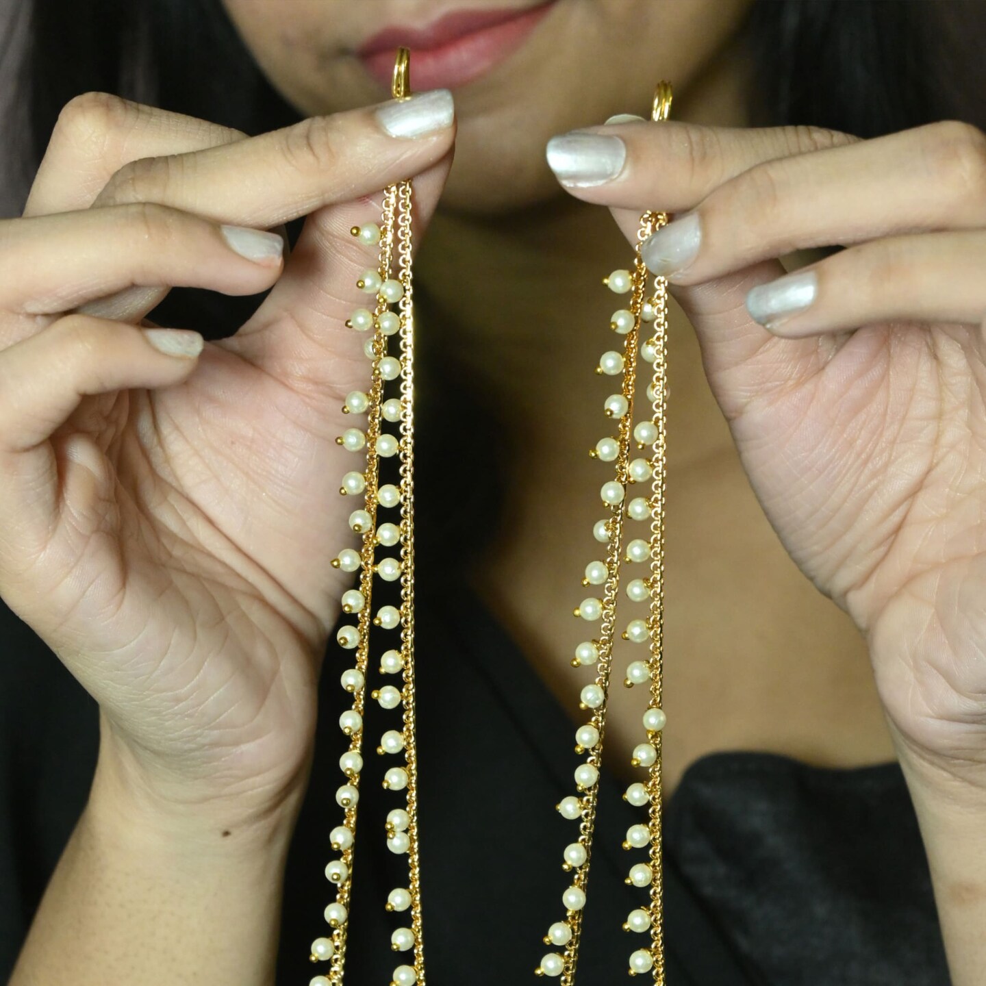Indian Traditional Ear Chains for Women - Indian Jewellery for Earring Support Double Layered Long Gold Tone Earring Chain Ear to Hair Chain Jewelry Faux Pearl Hair Accessory Bridal Jewelry