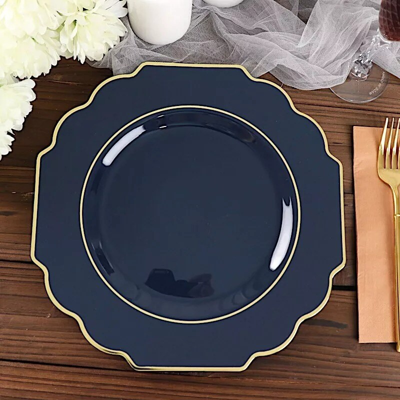10 NAVY BLUE 12&#x22; Baroque PLASTIC DINNER PLATES with Gold Rim